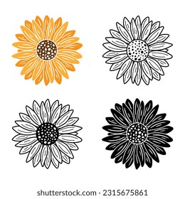 Set of sunflowers in various designs and colors