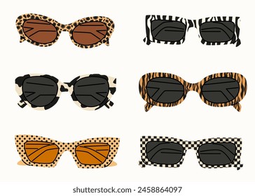 A set of sunglasses with an animalistic pattern. Summer sunglasses, fashionable eyeglass frames. Various shapes and styles. Hand drawn flat style. Women's beach accessories in a modern style.