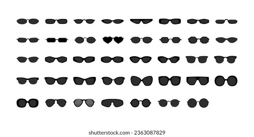 Set of Sunglasses with black lenses. Different styles of glasses - Rectangular Pilot, Round, Square, Cat Eye, Pantos, fashion accessory Browline, Clubmaster, Oversize, illustration Geometric Sport Bug