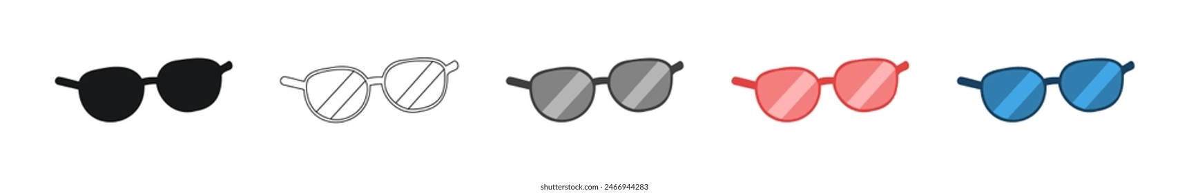 Set of Sunglasses. Black silhouette, outline, colors. Concept of fashion accessories, eye protection. Isolated on white background. Print. Design element. Graphic illustration