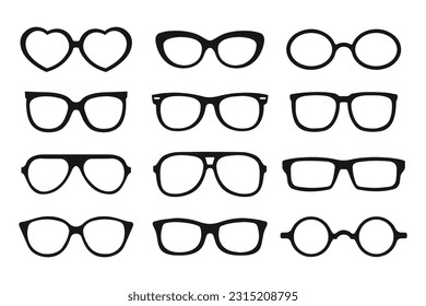 Eine Sonnenbrille. Schwarze Silhouetten von Rahmen für die Brille von Frauen und Männern. Symbole, Vektorgrafik