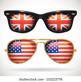 Set of sunglasses with british and american flag reflections - vector illustration.