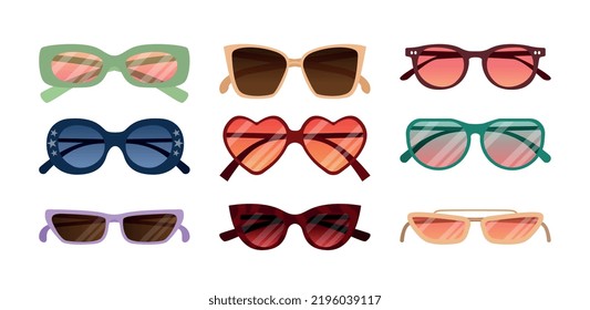 Set of sunglasses. Collection of stylish elements of clothes and accessories for summer. Fashion and trend, beauty and glamour. Cartoon flat vector illustrations isolated on white background