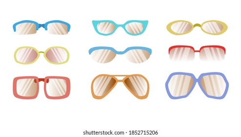 Set of sunglasses in color frames in a flat style isolated on a white background. Eyeglasses set vector illustration. Vintage, classic, modern style glasses rim silhouette. Stylish female optical. 