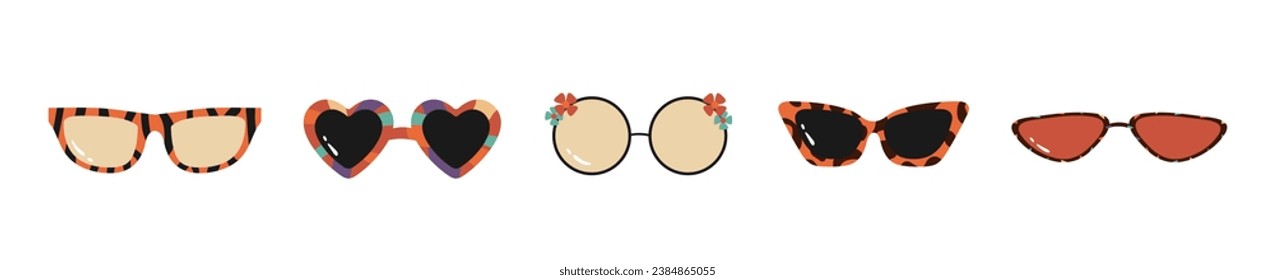 Set of sunglasses concept. Fashion, trend and style. Aesthetics and elegance. Clothes and accessories for summer season. Cartoon flat vector collection isolated on white background