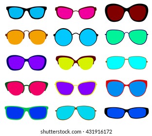 Set of sunglasses with different frames and glasses. Flat design