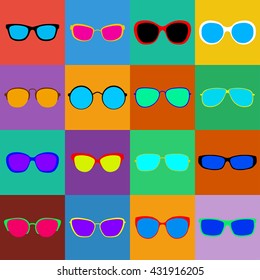 Set of sunglasses with different frames and glasses on colored squares. Flat design