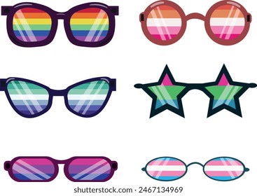 set of sunglasses of different shapes in the colors of the flags of LGBT communities, namely lesbian, gay, bisexual and others, for posters, packaging or design