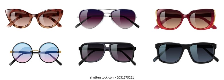 Set of sunglasses, different trendy glasses for sun shine protection. Modern hipster eyewear design with colorful protective lens. 3d vector illustration - Shutterstock ID 2031275231