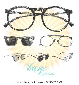 Set of sunglasses and eyeglasses. Hipster fashion vintage elements hand-drawn collection