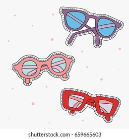 Set of sunglasses. Fashion patch badges with cute element. Design for stickers, pins, embroidery patches. Vector hand drawn illustration and funny stickers kit. Doodle summer sketch badges and pins.