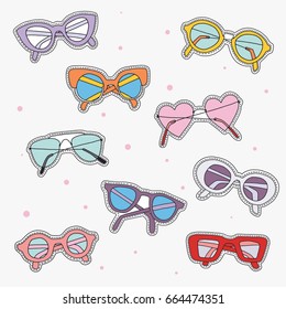 Set of sunglasses fashion patch badges with cute element. Design for stickers, pins, embroidery patches. Vector hand drawn illustration and funny stickers kit. Doodle sketch pins. Style 80s and 90s.