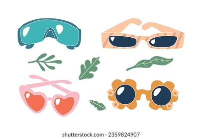 Set Of Sunglasses, Featuring Heart, Flower Stylish Frames And Polarized Lenses For Ultimate Uv Protection, Vector