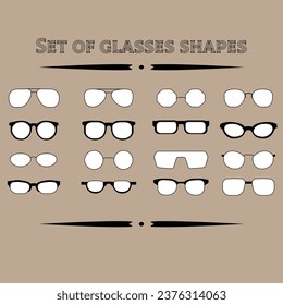 A set of sunglasses frames. Aviator, cat eye, sports, panto, quiet. Information for optics, stores and advertising. Vector
