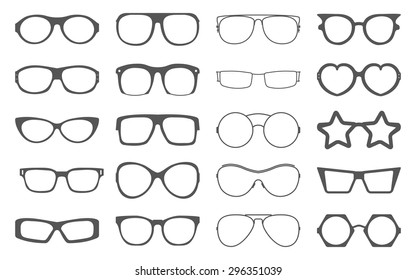 Set of sunglasses frames isolated on white. Different silhouettes: rectangular, oval, round, original. Modern and retro-style glasses. Element of clothing and fashion. Vector illustration.