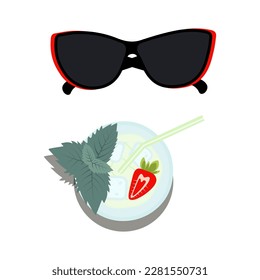 Set of sunglasses, glass with mojito cocktail with strawberry, mint leaves, straw and ice cubes. EPS