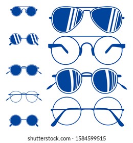 Set of Sunglasses Icon Vector Template, eyeglasses, geek glasses different model shapes vector silhouettes icons. Fashion assortment eyewear illustration