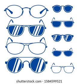 Set of Sunglasses Icon Vector Template, eyeglasses, geek glasses different model shapes vector silhouettes icons. Fashion assortment eyewear illustration