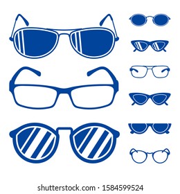 Set of Sunglasses Icon Vector Template, eyeglasses, geek glasses different model shapes vector silhouettes icons. Fashion assortment eyewear illustration