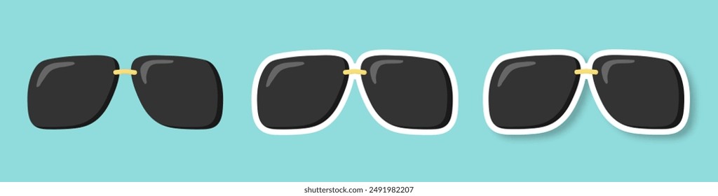 A set of sunglasses on a blue background. A sticker with black glasses. Retro hippie style. Vector illustration.