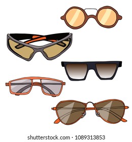Set of sunglasses on white background. Isolated elements, beige colors. Hand drawn sketch.