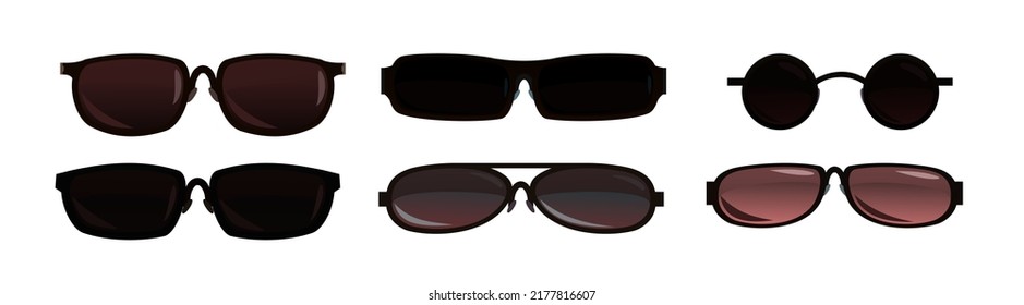 Set Sunglasses for protection from the sun. Summer glasses. Tinted optics for better visibility. Object isolated on white background. Vector