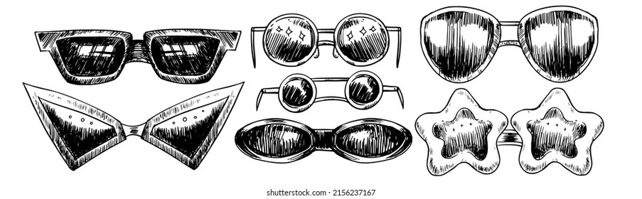 Set Of Sunglasses In Sketch Style Isolated On White Background. Stock Illustration With Style Element And Eye Protection. Summer Style Vector Accessories.