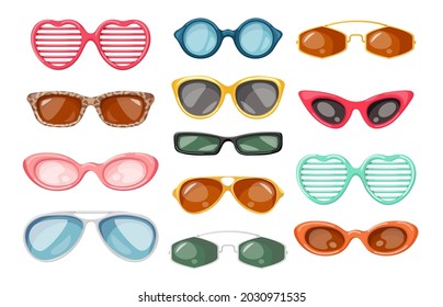 Set of Sunglasses, Summer Accessories for Eye Protection of Sun Rays, Different Modern Design, Stylish Glasses for Kids, Men and Women Isolated on White Background. Cartoon Vector Illustration, Icons