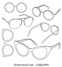 Set Of Sunglasses. Vector Illustration. Different Shapes Of Glasses. Set Of Outline Glasses