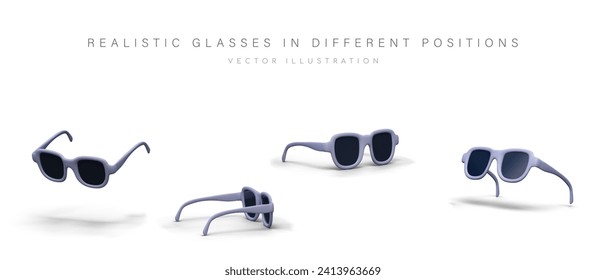 Conjunto de gafas de sol, vista desde diferentes lados. Accesorios realistas de ojos de verano. Protección elegante contra el sol brillante. Representación vectorial aislada en fondo blanco