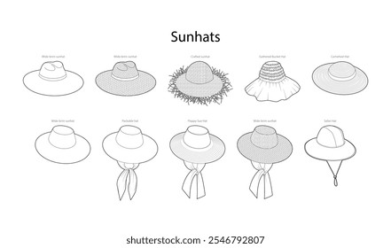 Set of Sunhats with names - Packable, Floppy, Safari Hat with Crafted, Gathered Bucket Cartwheel Head Fashion accessory cap technical illustration. Vector headgear flat template mockup sketch outline