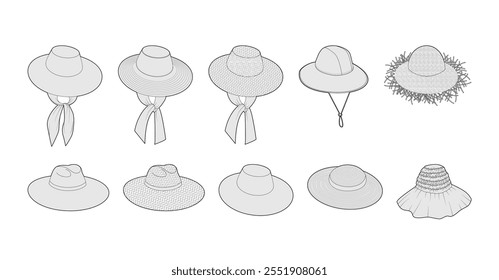 Set of Sunhats - Packable, Floppy, Safari Hat with Crafted, Gathered Bucket Cartwheel Head Fashion accessory cap technical illustration. Vector headgear flat template mockup sketch outline