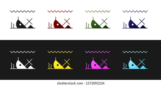 Set Sunken ship at the bottom of the sea icon isolated on black and white background.  Vector Illustration