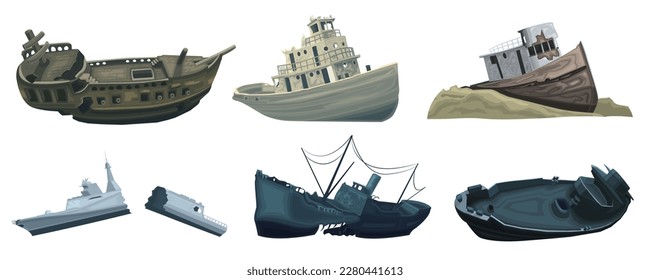 Set of sunken ships on seabed isolated on white background. Wooden and steel battleship after wreck or attack. Destroyed wreck ship. Broken vessel in underwater sea bottom. Flat Vector illustration