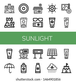 Set of sunlight icons such as Sand castle, Sun, Sunscreen, Solar, Sun cream, Brightness, Sun umbrella, Solar panel, Panel, Rain, lotion , sunlight