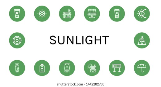 Set of sunlight icons such as Sunscreen, Sun, Solar, Solar panel, Eclipse, Panel, Sun umbrella, Sand castle , sunlight