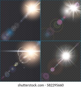 Set Sunlight, special lens flare, light effect. Sun flash with rays and spotlight. illustration.