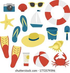 Set of sunny beach elements. Summer holidays collection. Vector illustration.