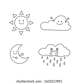 set of sunny cloudy night and rainny 
 weather cartoon outline icon