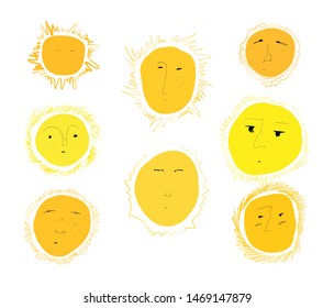 Set of sunny faces. The sun that has its own mood