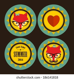 Set of sunny labels with hipster fox and heart. Vector illustration in retro style.