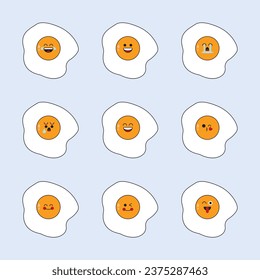 Set of Sunny side up eggs. Cartoon fried eggs isolated on white background with shadow. Editable Vector Illustration. EPS 10.