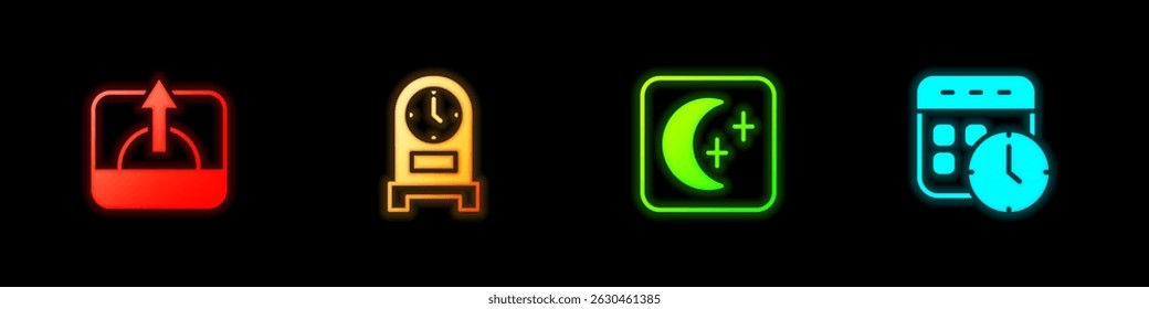 Establecer la salida del sol, reloj antiguo, la luna y las estrellas y el icono del calendario. Vector
