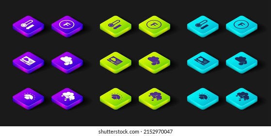 Set Sunrise, Cloud with rain and lightning, Weather forecast, Fahrenheit and Meteorology thermometer icon. Vector