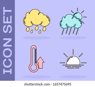 Establezca Sunrise, Cloud con lluvia, Thermometer y Cloud con lluvia e icono solar. Vector