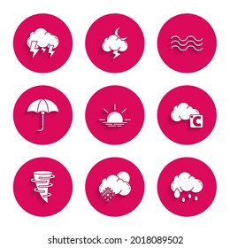 Set Sunrise, Cloud with snow and sun, rain, Celsius cloud, Tornado, Classic elegante paraguas abierto, Waves and Storm icon. Vector