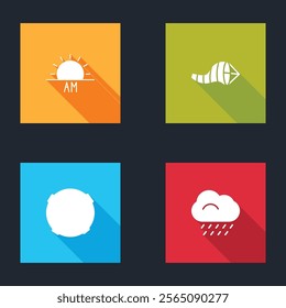 Set Sunrise, Cone meteorology windsock wind vane, Moon and Cloud with rain icon. Vector