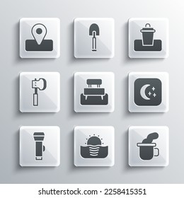 Set Sunrise, Cup of tea, Moon and stars, Bench, Flashlight, Wooden axe, Location for camping and Trash can icon. Vector