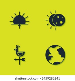 Set Sunrise, Earth globe, Rooster weather vane and Eclipse of sun icon. Vector
