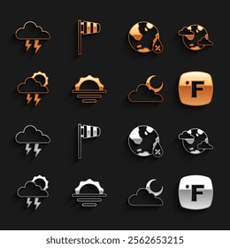 Set Sunrise, Earth planet with clouds, Fahrenheit, Cloud moon, Storm, Water drop percentage,  and Cone windsock wind vane icon. Vector